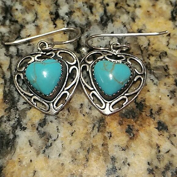 Sterling Silver Turquoise Earrings Dangle Fishhook Backings Elegant 925 - Picture 1 of 6